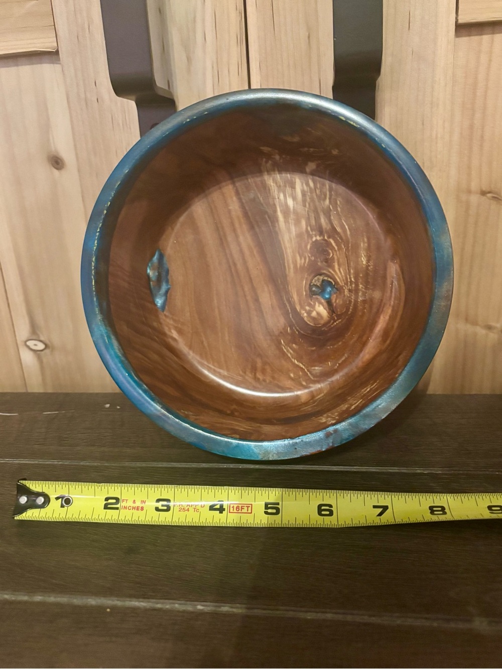 Hand-Finished Wood Serving Bowl with Teal Rim